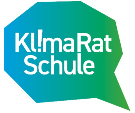 Das Logo der KlimaRatSchule, eine blau-grüne Sprechblase, auf der "KlimaRatSchule" steht.