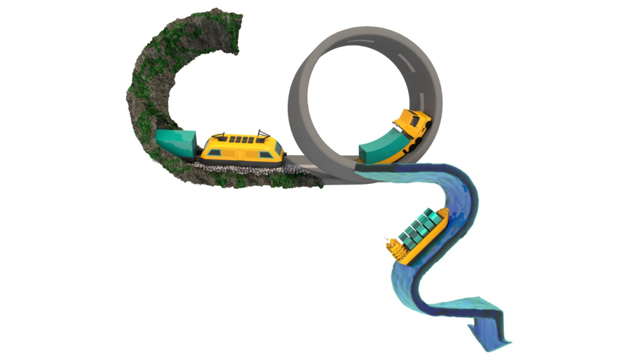Das Bild zeigt eine grafische Illustration des Wortes CO₂, in das ein Zug, LKW und Schiff integriert sind.