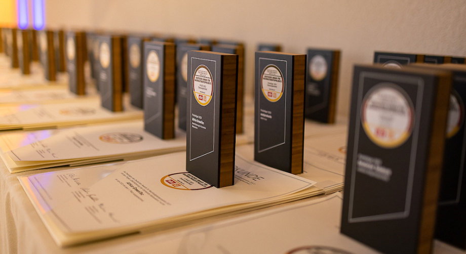 Viele Trophäen und Urkunden mit dem Logo des Deutschen Awards für Nachhaltigkeitsprojekte auf einem Tisch.