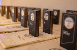 Viele Trophäen und Urkunden mit dem Logo des Deutschen Awards für Nachhaltigkeitsprojekte auf einem Tisch.