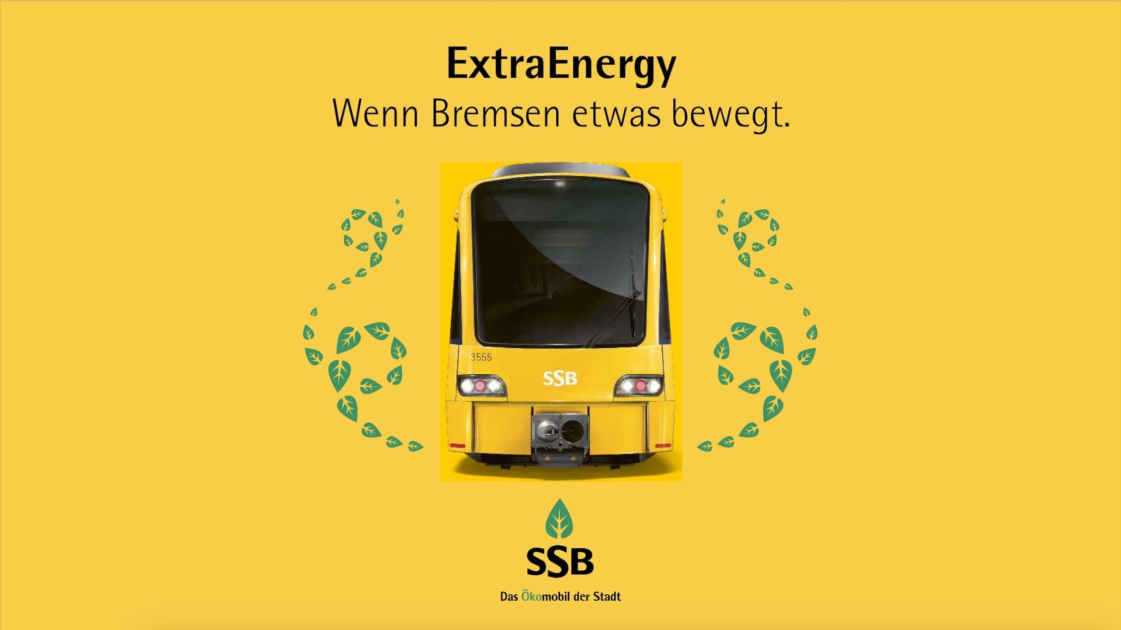 Abbildung einer gelben Stuttgarter Straßenbahnen in der Frontalansicht auf gelbem Hintergrund, drumherum ranken grafische Blätter