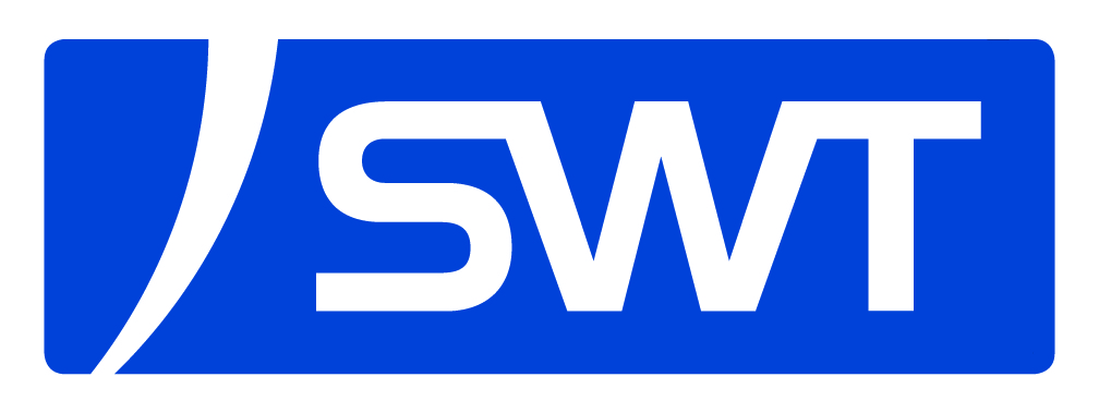 Ein Logo in weiß und blau mit den Buchstaben SWT