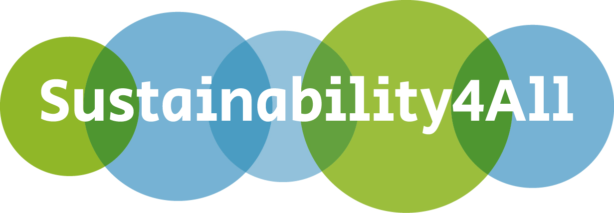 Gezeigt wird eine Grafik bestehend aus grün-blauen Kreisen, darauf steht in weißen Buchstaben "Sustainability4All"