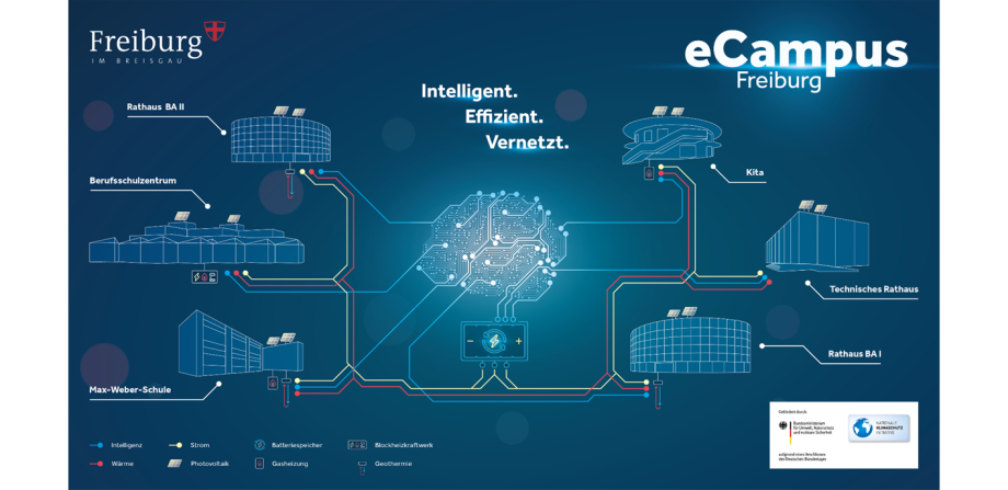 Die Grafik zeigt, wie die Heizsysteme der sechs öffentlichen Gebäude durch den eCampus miteinander verbunden sind.