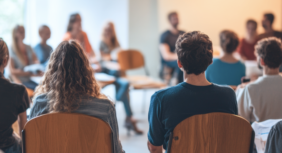 Menschen sitzen in einem Workshop und diskutieren über Nachhaltigkeit und Klimaschutz im Kulturbereich.