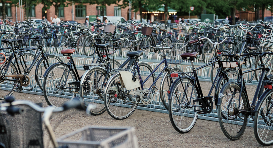Viele Fahrräder stehen dicht an dicht in einer großen, offenen Fahrradabstellanlage im Freien.