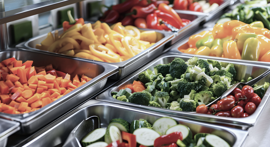 Frisches, buntes Gemüse wie Brokkoli, Paprika und Tomaten in Edelstahlbehältern an einer Mensa-Salatbar.