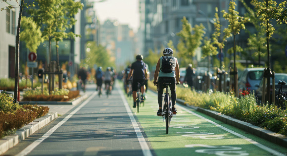 Mehrere Radfahrer mit Helmen fahren auf einem grünen Fahrradweg durch eine moderne Stadt.