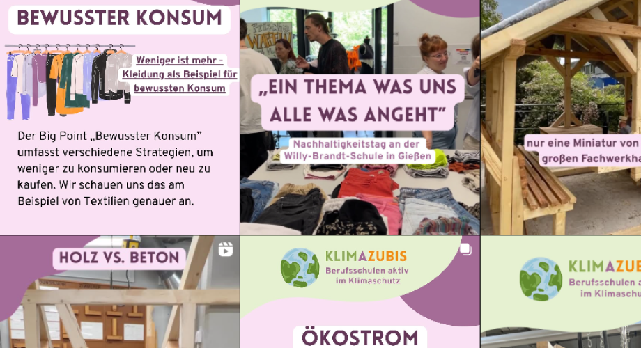 Collage zu nachhaltigem Konsum, Klimaschutz und Berufsschule mit informativen Texten.