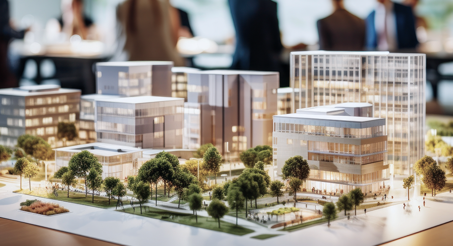 Detailliertes Modell einer modernen Stadt mit Hochhäusern, Bäumen und Grünflächen auf einem Tisch, Personen im Hintergrund.