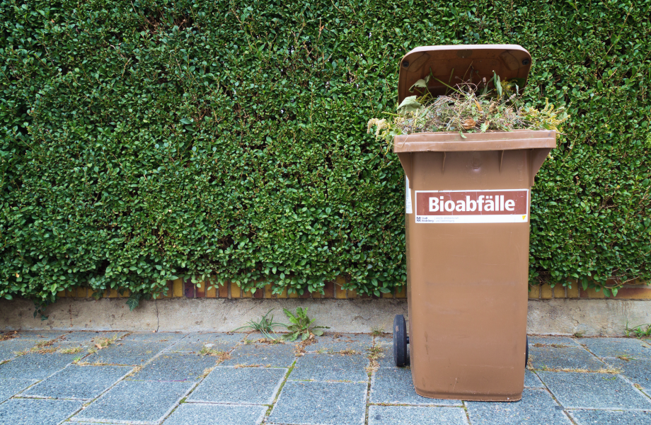 Braune Mülltonne mit offenem Deckel und Pflanzenabfällen vor einer Hecke auf gepflastertem Boden