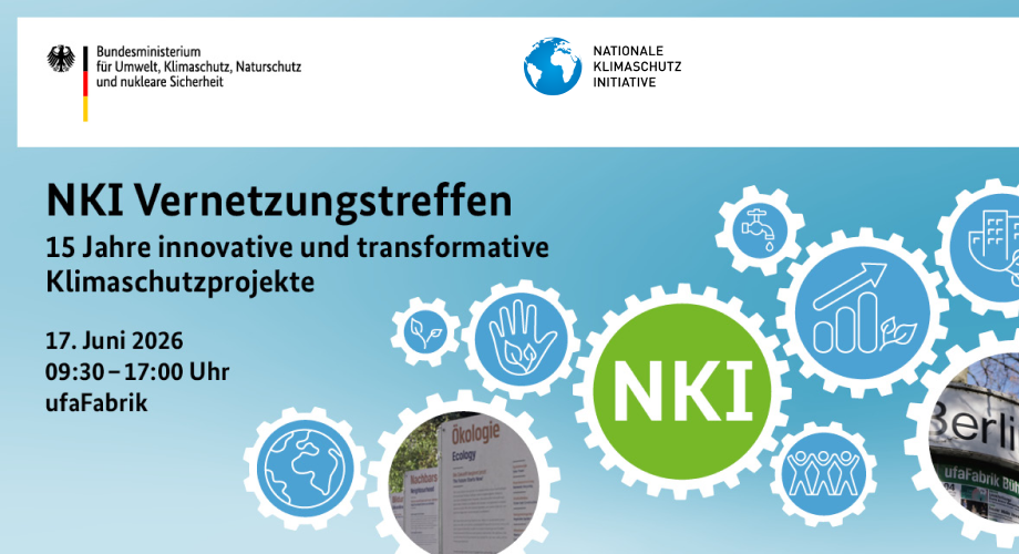 Grafik mit dem Logo der Nationalen Klimaschutz Initiative, Text zu einem Vernetzungstreffen am 17. Juni 2026 von 09:30 bis 17:00 Uhr in der ufaFabrik, umgeben von Symbolen für Klimaschutz und Nachhaltigkeit
