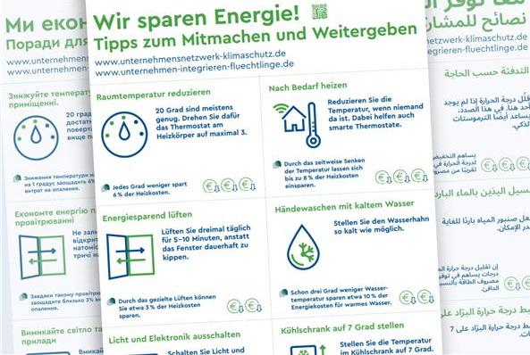 Energiesparplakate in unterschiedlichen Sprachen