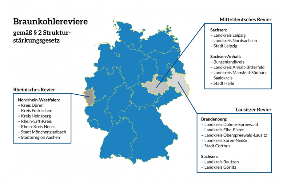 Das Bild zeigt eine Deutschlandkarte, in dem Braunkohlereviere ausgegraut sind.