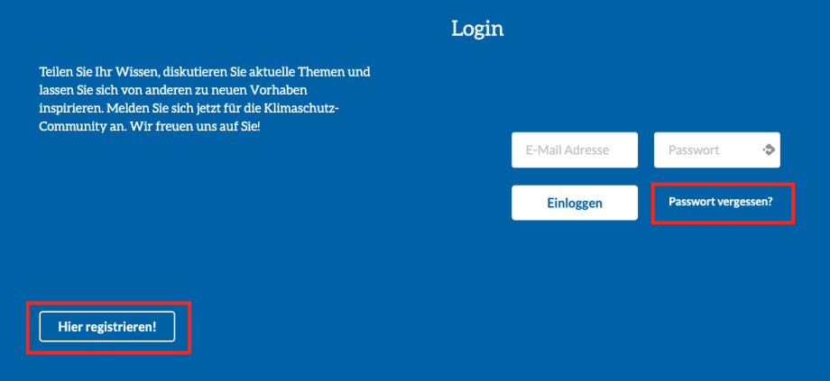 Community: Registrierungsbutton und Passwort-vergessen-Funktion