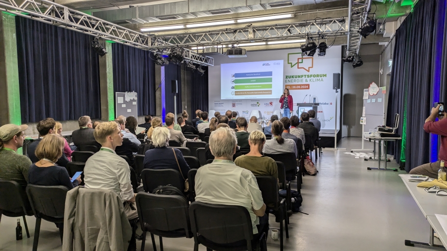 Zu sehen sind im Vordergrund die Teilnehmenden des Workshops von hinten fotografiert. Sie sitzen auf Sthulreihen Vor einer leicht erhöhten Bühne, wo eine Frau einen Vortrag hält. Hinter ihr läuft auf einer Leinwand eine Präsentation mit bunten Grafiken.