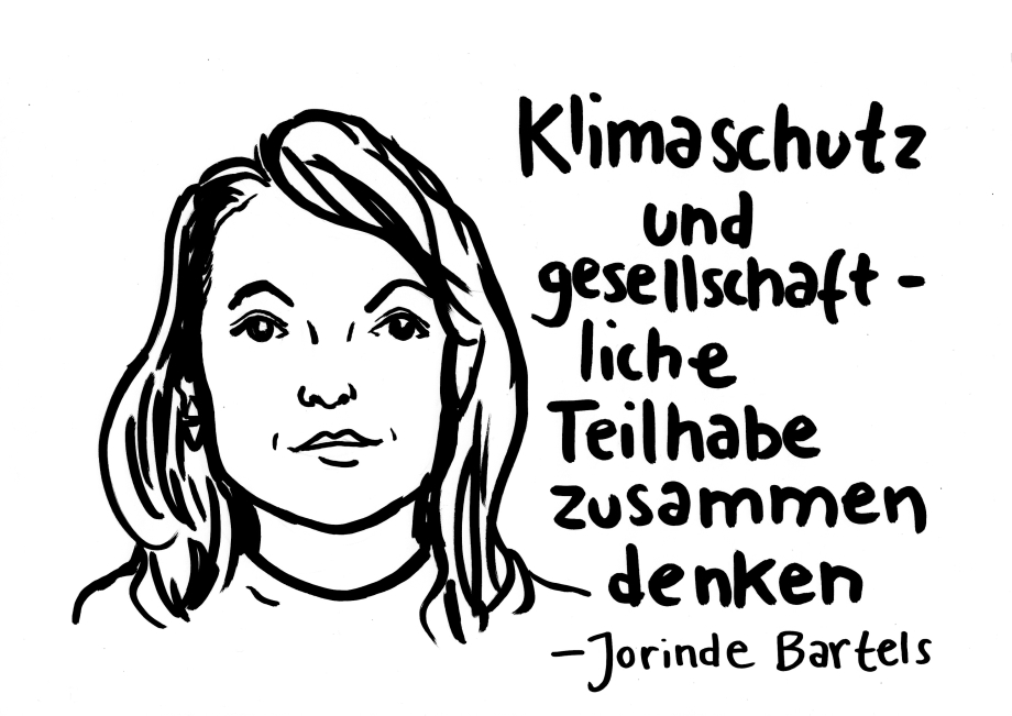 Zeichnung einer Person mit dem Zitat: Klimaschutz und gesellschaftliche Teilhabe zusammen denken.