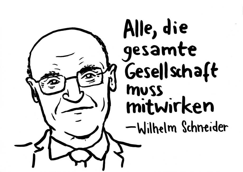 Zeichnung von einer Person mit dem Zitat: Alle, die gesamte Gesellschaft muss mitwirken.