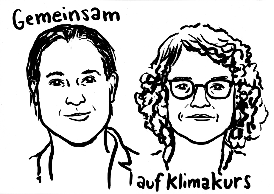 Zeichnung von zwei Personen mit dem Zitat: Gemeinsam auf Klimakurs.