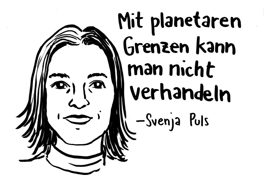 Zeichnung einer Person mit dem Zitat: Mit planetaren Grenzen kann man nicht verhandeln.