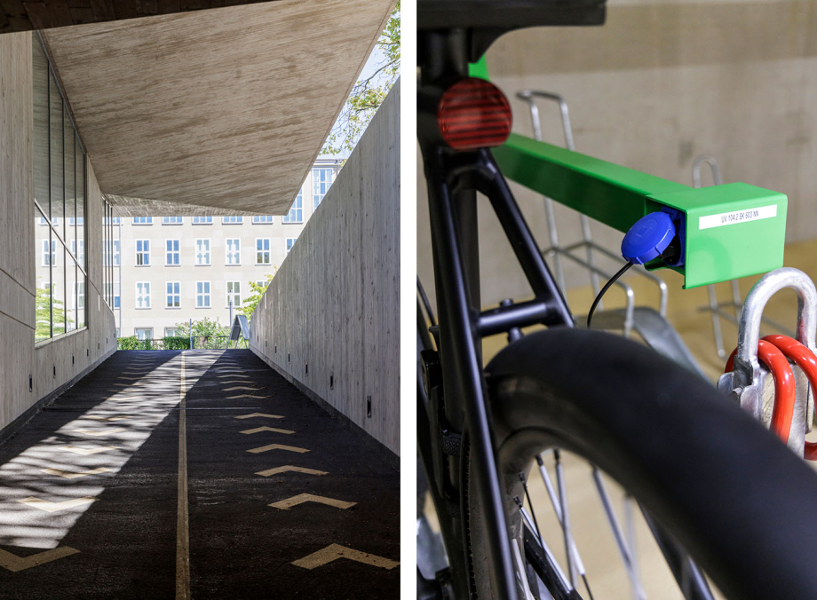 Zwei Bilder sind zu sehen. Auf dem linken Bild ist ein Weg mit gelben Markierungen zu erkennen. Auf dem rechten Bild eine Ladestation für Fahrräder.