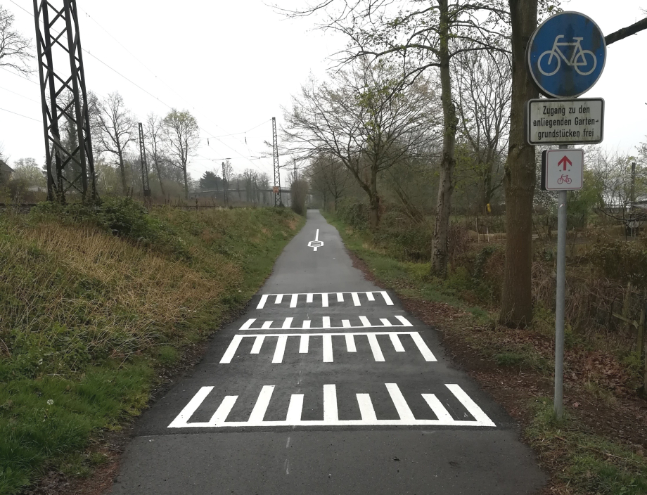 Ein asphaltierter Radweg mit weißer Markierung für Radfahrer am Boden.