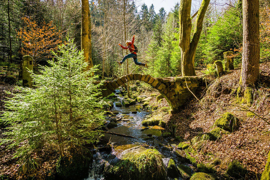 Eine Person springt auf einer Steinbrücke in die Höhe, die Brücke führt über einen Bach in idyllischer Umgebung.