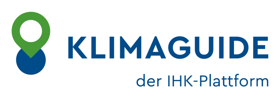 Das Logo des „KlimaGuide“: Ein Standort-Icon mit einer Standort-Nadel und einem Punkt in grün und blau. Daneben das Wort „KlimaGuide“ in 