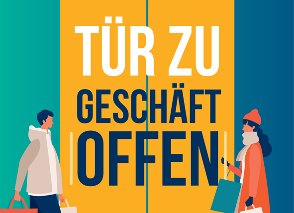 Der Ausschnitt eines Plakats der Klimaschutzoffensive des Handels zeigt eine Illustration: Zwei Personen mit Einkaufstüten gehen auf eine stilisierte Ladentür zu. Auf dieser steht: „Tür zu, Geschäft offen“