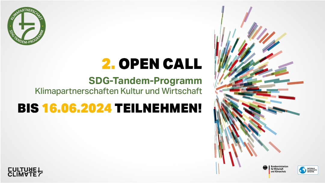 Visual des zweiten Open Calls für das SDG-Tandem-Programm, das Klimapartnerschaften zwischen Kultur und Wirtschaft initiiert. Bewerbung bis 16. Juni 2024 möglich.
