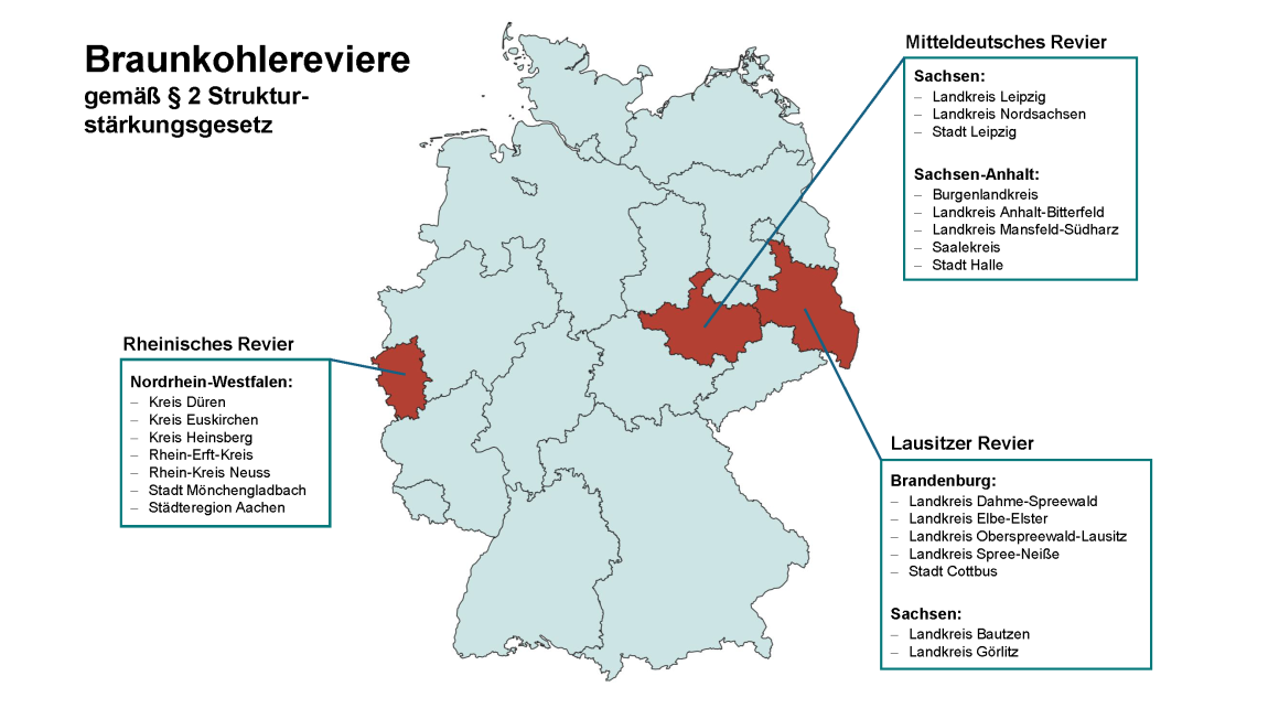 Das Bild zeigt eine Deutschlandkarte, in dem Braunkohlereviere farbig markiert sind sind.