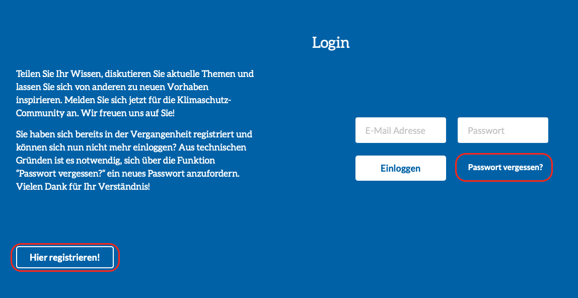 Community: Registrierungsbutton und Passwort-vergessen-Funktion