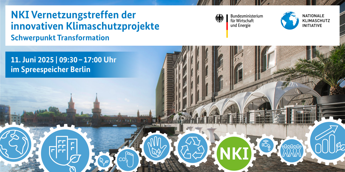 Werbebanner für das „NKI Vernetzungstreffen der innovativen Klimaschutzprojekte“ am 11. Juni 2025 in Berlin, mit Veranstaltungsdetails, Logos des Bundesministeriums für Wirtschaft und Klimaschutz sowie der Nationalen Klimaschutzinitiative, und einem Hintergrundbild des Spreeufers.