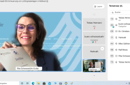 Das Bild zeigt die Parlamentarische Staatssekretärin im Bundesumweltministerium, Rita Schwarzelühr-Sutter, bei der digitalen Klimaschutz-Zertifikat-Übergabe.