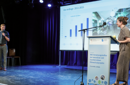 Zwei Personen stehen auf einer Bühne vor Publikum und sprechen beim Vernetzungstreffen innovativer und transformativer Klimaschutzprojekte.