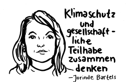 Zeichnung einer Person mit dem Zitat: Klimaschutz und gesellschaftliche Teilhabe zusammen denken.