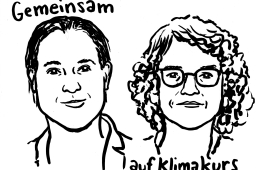 Zeichnung von zwei Personen mit dem Zitat: Gemeinsam auf Klimakurs.