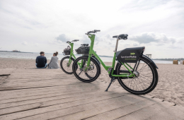 Zwei grüne Bike-Sharing-Fahrräder der SprottenFlotte stehen an einem Sandstrand.