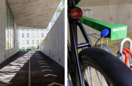 Zwei Bilder sind zu sehen. Auf dem linken Bild ist ein Weg mit gelben Markierungen zu erkennen. Auf dem rechten Bild eine Ladestation für Fahrräder.