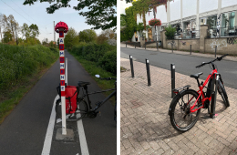 Zwei Bilder sind zu sehen. Links ein Absperrpoller mit der Aufschrift "Radmomente". Darauf ist ein roter Fahrradhelm montiert. Am Poller lehnt ein rotes Fahrrad. Rechts: Blick in eine Straße. Ein Fahrrad ist an einen Fahrradständer angeschlossen.
