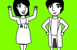 Cartoonhafte Ärztin und Arzt in weißem Kittel jubeln mit erhobenen Armen auf grünem Hintergrund.