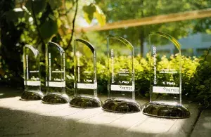 Das Bild zeigt die Trophäen der Erstplatzierten des Klimaretter-Awards 2020.