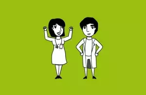 Das Bild zeigt eine illustrierte Ärztin und einen Arzt – die Symbolfiguren des Projekts „Klimaretter – Lebensretter“.