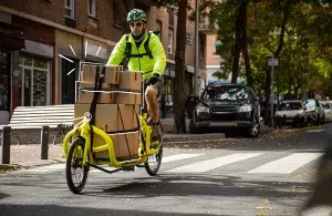 Das Bild zeigt einen E-Lastenfahrrad fahrenden Kurier.