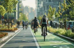 Mehrere Radfahrer mit Helmen fahren auf einem grünen Fahrradweg durch eine moderne Stadt.