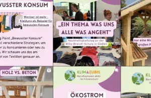 Collage zu nachhaltigem Konsum, Klimaschutz und Berufsschule mit informativen Texten.