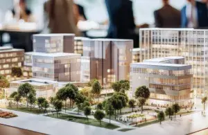 Detailliertes Modell einer modernen Stadt mit Hochhäusern, Bäumen und Grünflächen auf einem Tisch, Personen im Hintergrund.