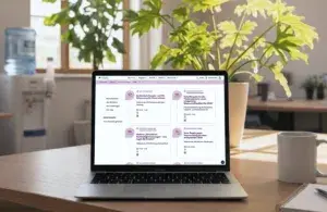 Laptop auf Schreibtisch zeigt die neue Klimaschutz-Plattform des Unternehmensnetzwerks Klimaschutz im Büro.