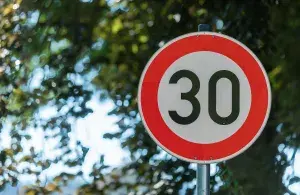 Ein Tempo 30 Verkehrsschild vor einem Hintergrund aus Blättern.