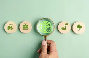Eine Lupe ist auf runde Holzbausteine gerichtet. Auf ihnen sind in grün Symbole zu sehen: Ein Elektroauto, eine Photovoltaikanlage, eine Weltkugel, eine Fabrik, und eine Wolke, auf der CO2 steht.